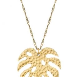 Girly Accessories Gold Hammered Metal Monstera Leaf Pendant Necklace