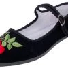 Pandamerica Black Velvet Mary-Jane Flat With Embroidered Rose