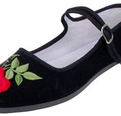 Pandamerica Black Velvet Mary-Jane Flat With Embroidered Rose