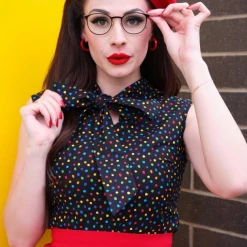 Retrolicious Dotty Sleeveless Tie-Neck Top