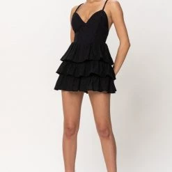 Fashion Wildcat Black Eyelet Ruffled Romper - Size S APPAREL