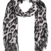 Cap Zone Leopard Print Fringed Scarf - Grey