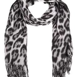 Cap Zone Leopard Print Fringed Scarf - Grey