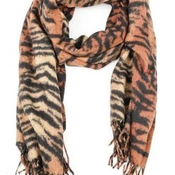 Cap Zone Tiger Print Fringed Scarf - Black & Orange ACCESSORIES