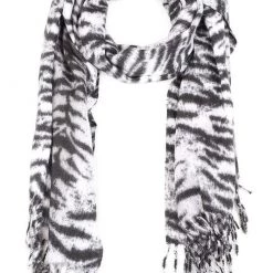 Cap Zone Tiger Print Fringed Scarf - Black & White ACCESSORIES