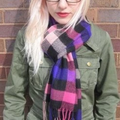Hollywood Mirror Pink & Purple Check Plaid Fringed Scarf ACCESSORIES