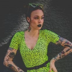 Sourpuss Clothing Suzie Top - Neon Yellow Leopard APPAREL