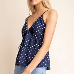 Gilli Navy & White Polka Dot Tie-Front Cami Top