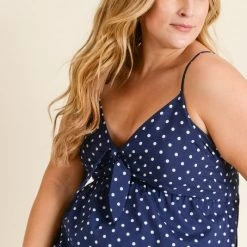 Gilli Navy & White Polka Dot Tie-Front Cami Top