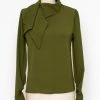 Faith Apparel Asymmetrical Collar Blouse In Olive Green - Size S