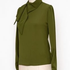 Faith Apparel Asymmetrical Collar Blouse In Olive Green - Size S