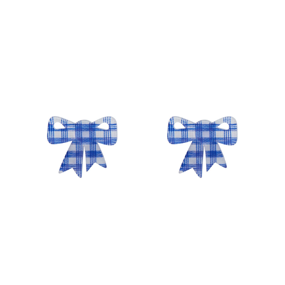 Erstwilder Essentials Bow Post Earrings - Blue Gingham ACCESSORIES 3 Erstwilder Essentials Bow Post Earrings - Blue Gingham ACCESSORIES