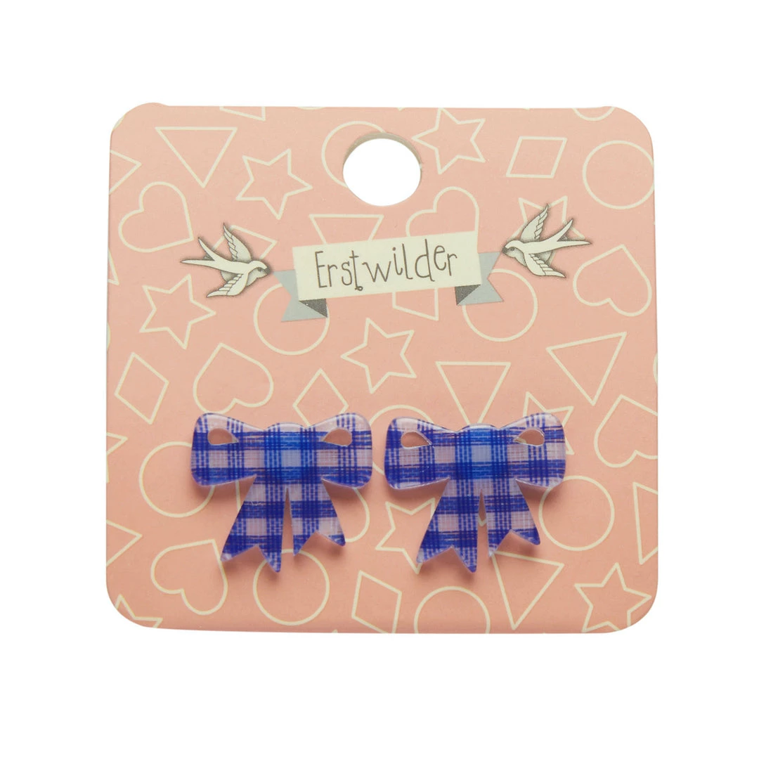 Erstwilder Essentials Bow Post Earrings - Blue Gingham ACCESSORIES 4 Erstwilder Essentials Bow Post Earrings - Blue Gingham ACCESSORIES